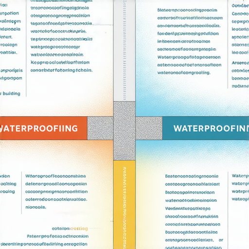 全面解析防水工程與相關材料選擇技巧的示意圖，展示不同防水材料以及施工步驟，強調防水工程的關鍵要素與技巧，適用於住宅及商業建築。