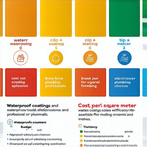 水電專業防水攻略圖片，展示各種防水塗料及施工過程，解析每坪防水費用，提供挑選適合防水塗料的秘訣，幫助消費者有效預算與選擇。
