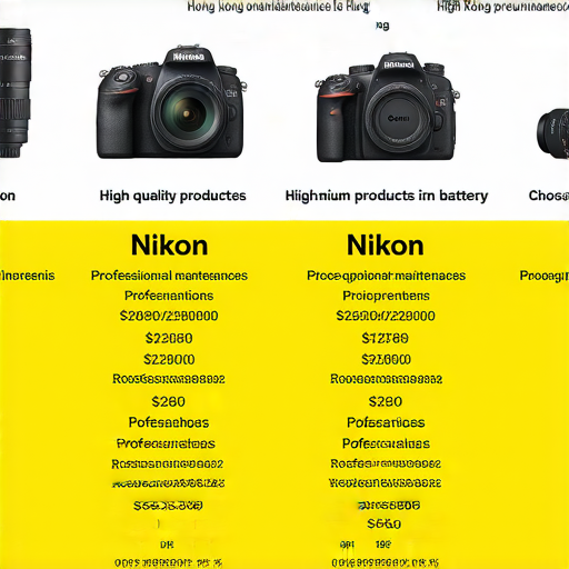香港Nikon相機比價圖，展示各款超值鏡頭及電池的購買來源，強調專業保養服務，吸引攝影愛好者選擇優質產品與服務。