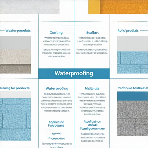 全面解析防水工程所需材料與施工技巧示意圖，展示多種防水材料如防水塗料、密封膠和防水膜，並介紹施工技巧，適用於屋頂、牆面等防水工程，加強理解與應用。