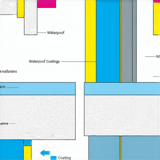 全面解析防水工程的示意圖，展示不同防水材料與技術的應用，包含防水膜、塗料及設施，強調防水效果與持久性，適用於住宅與商業建築的防水需求。