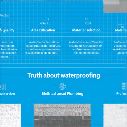 揭開防水真相的圖片，展示坪數計算和材質選擇的全攻略，強調水電專業服務的重要性，提示讀者了解防水施工的關鍵要素及其效果。
