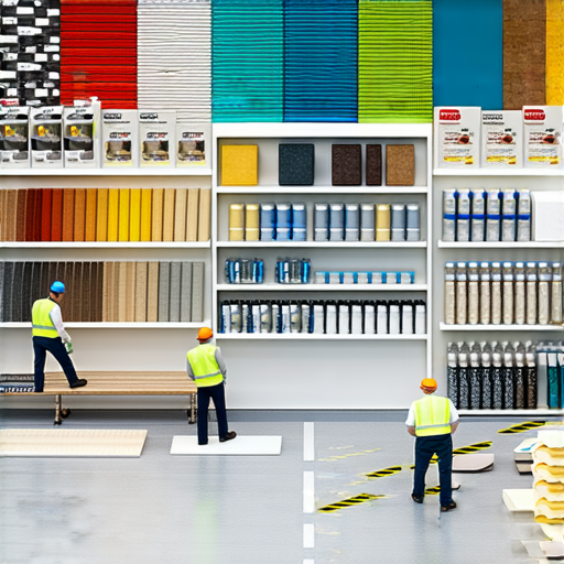 防水工程施工現場，工人在進行防水材料選擇與應用，周圍擺放各類防水材料，展示專業技術和施工過程，強調防水工程的重要性和防水材料的多樣性。