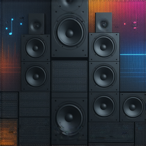 揭開音響箱的秘密，展示各種高品質音響設備，強調選擇完美音響的重要性，提升音樂體驗的方式，搭配音響箱及音樂元素的圖片。