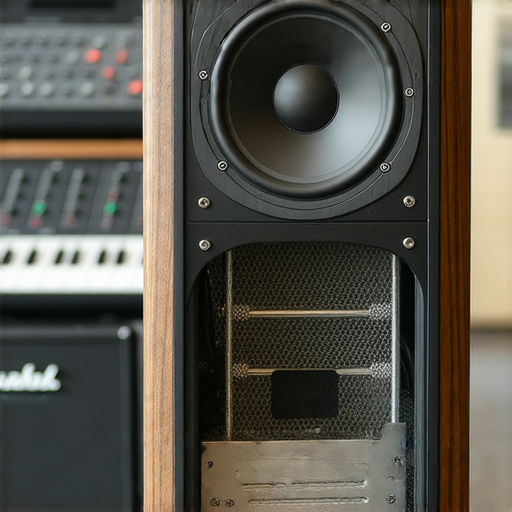 音響箱特寫，展示精美內部結構和高端音質技術，背景模糊的音樂設備，強調專業音質提升的無限可能，探索音響箱的神秘面紗。