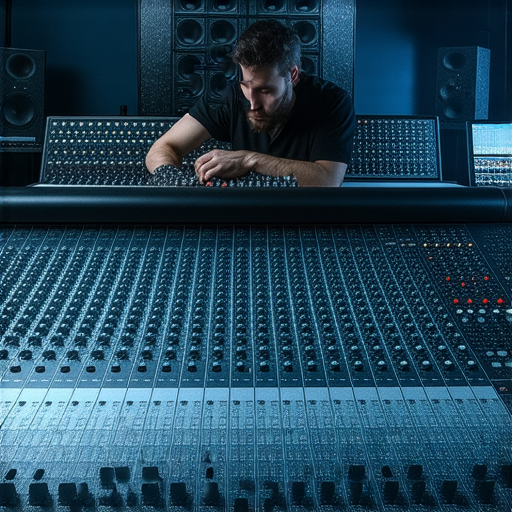 一位專業調音師在音響箱前進行聲音優化，調整設備以提升音質，背景展示多種音響器材，讓聲音升級，破解音響箱的秘密。