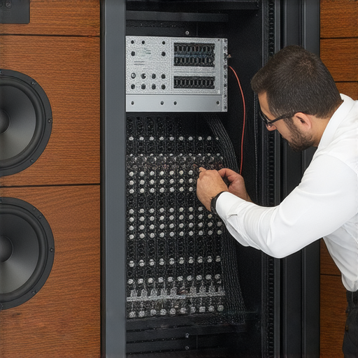 音響箱內部結構展示，突顯音質提升的關鍵元件，專業服務人員正在調整裝置，強調音響箱的性能與專業技術，打造高品質音效體驗。