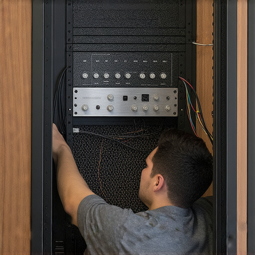 音響箱內部結構展示，音響技術專家正在調整設備，強調聲音之美的魔法，探索專業音響服務，提高音質與聆聽體驗。