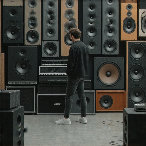 音響箱選擇攻略，專業音質揭秘圖示，一位音樂愛好者在挑選音響設備，展示不同款式音響箱，探索打造理想音樂空間的靈感與建議。