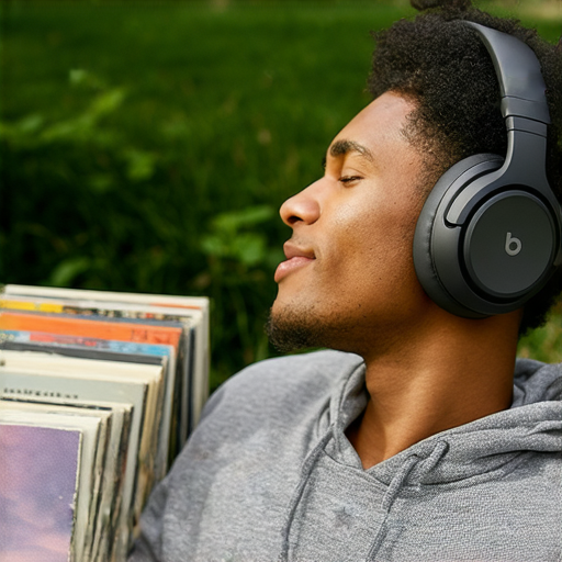 音樂愛好者佩戴Beats耳機，享受高品質音效，展現時尚風格，耳機旁放置音樂專輯，背景為戶外場景，完美體現音樂與生活的結合。