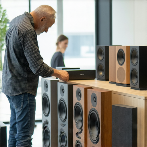一位消費者在音響專賣店挑選音響箱，專注於音質體驗的提升，展現多款音響箱的選擇與比較，旁邊有專業銷售人員提供建議。