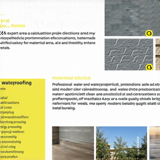 專業防水工程展示，水電專家解說坪數計算及防水材料選擇，圖片中可見施工過程及材料樣本，強調防水效果與耐用性，適合建築及裝修參考。