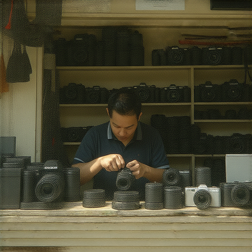 深水埗與旺角的相機維修店內部專業維修人員正在修理相機，顯示各種相機零件和工具，帶給攝影愛好者重拾拍攝樂趣的專業服務。