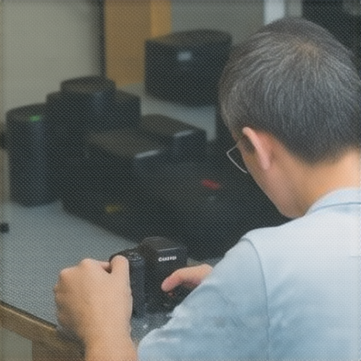 維修相機的專業技術人員在深水埗和旺角的維修店進行數碼相機檢修，展示精密的工具和設備，顧客滿意地尋求解決方案，讓相機重新煥發活力與工作性能。