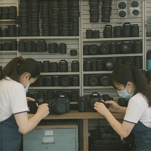 專業相機維修店面展示，位於深水埗和旺角，人員專注修理各類相機，工具精良，吸引顧客探索相機維修熱點與服務，展現修理過程及技術專業。