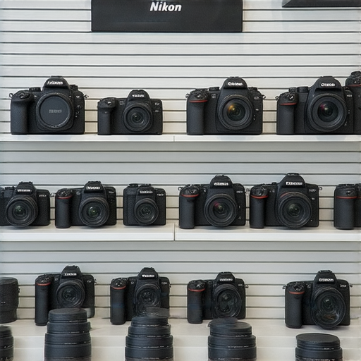 尼康相機及熱門鏡頭展示，包含不同型號及配件，背景為香港專業保養服務設施，突顯消費者如何探索尼康相機價格及了解鏡頭選擇。