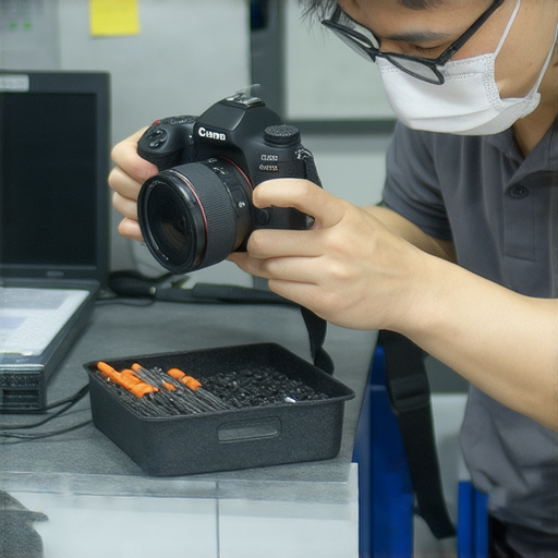 深水埗專業相機維修服務，技術人員檢查數碼相機，提供專業維修與保養，讓你的設備重獲新生，展示精湛技藝和細緻服務環境。
