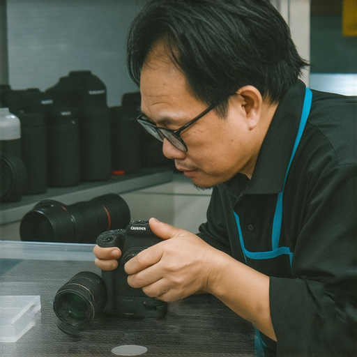 在香港深水埗與旺角，專業相機維修服務的技術人員正在仔細檢查相機零件，展示維修過程中的專業技巧，捕捉攝影愛好者的需求與維修秘訣。