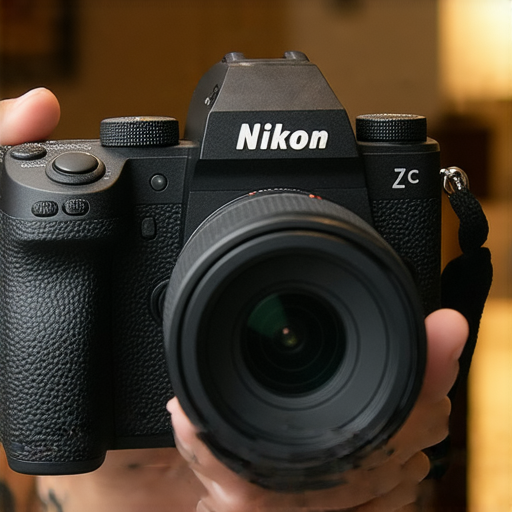 Nikon Z FC相機在室內環境中，展示其復古設計與現代科技的結合，攝影師正在調整鏡頭，強調其優異的攝影性能和使用體驗。