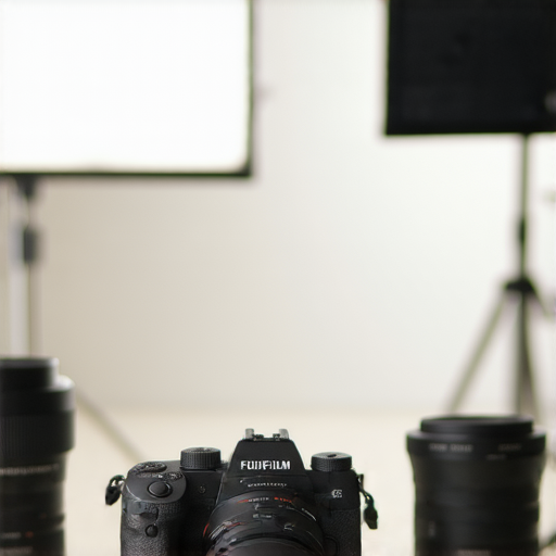 Fujifilm相機展示在專業攝影環境中，搭配多款鏡頭，突顯相機性能和拍攝效果，強調2024年攝影必看的優質設備及專業建議。