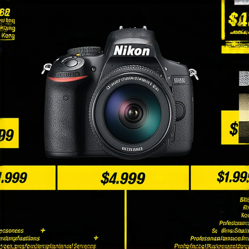 Nikon相機展示圖，包含最新型號及配件，顯示香港市場的價格標籤，強調優惠信息及專業保養服務，吸引用戶點擊了解更多詳細內容。