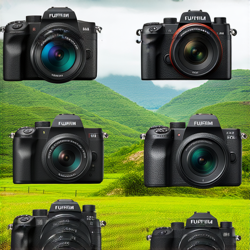Fujifilm相機展示在美麗風景背景下，配有多種不同型號的相機，鼓勵用戶探索選擇適合自己的相機以捕捉每一刻的美好。