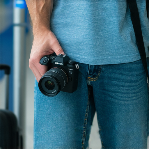 傻瓜相機隨身登機的情境，展示旅客在機場安檢時輕鬆攜帶相機的樣子，強調其便捷性與體積小巧，為攝影旅行者提供新選擇。