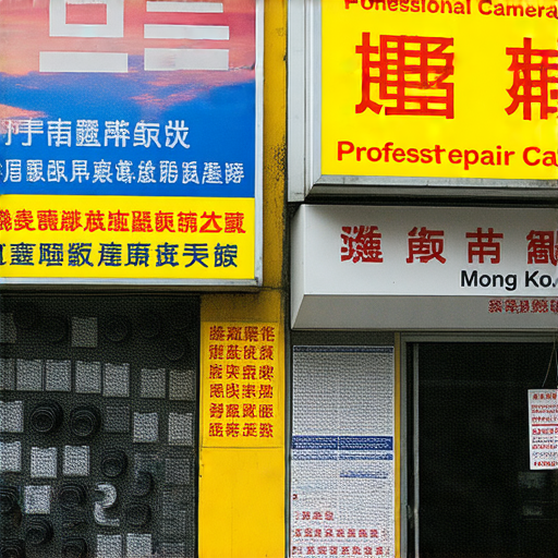 專業相機維修店門口，位於深水埗，顯示招牌和服務資訊，旁邊是旺角的另一家相機維修中心，展現其專業性與高品質服務，適合攝影愛好者選擇。