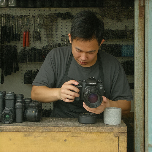 深水埗旺角相機維修店內景，專業技術人員正在檢查相機，工具齊全，服務專業，吸引愛好攝影人士，讓相機重獲新生，維修服務全面，品質保證。
