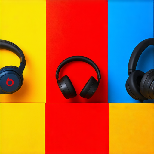 Beats耳機展示，多款型號圍繞在色彩繽紛的背景中，有著流行的設計與卓越的音質，顯示出選擇Beats耳機能提升音樂享受的最佳選擇分析。
