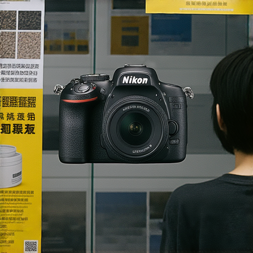 Nikon相機展示在香港水貨商店，顧客考慮購買，背景有維修保養服務廣告，突顯攝影愛好者的選擇與夢想實現的機會。