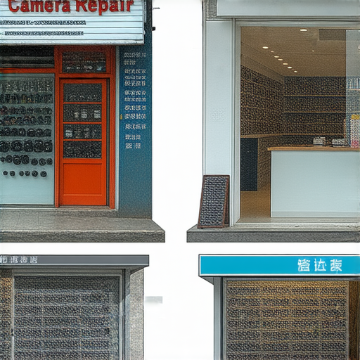 深水埗與旺角相機維修店外觀與內部設施，展示專業維修工具及技術人員，顯示各種相機維修服務及價錢資訊，方便客戶選擇合適的維修方案。