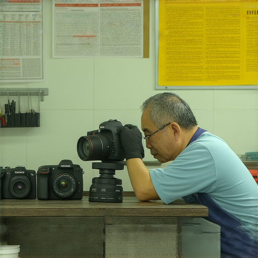 深水埗專業相機維修服務，展示技術人員在檢查相機，提供維修價錢與推薦秘訣，幫助攝影愛好者了解相機保養的專業知識。