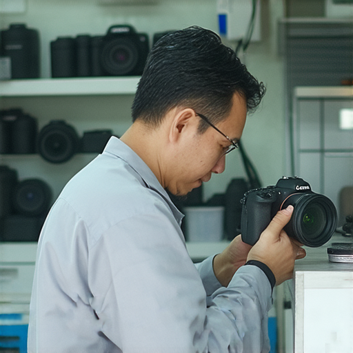 相機維修店的專業技師正在檢查相機，深水埗和旺角的服務環境，展示維修工具和設備，幫助客戶了解相機維修的細節，探索專業相機維修服務。