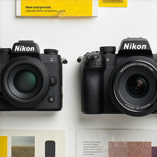 Nikon Z fc相機與W300防水相機並排展示，顯示攝影新視界，背景為攝影作品，專業服務標誌突出，有助於提升攝影技巧。