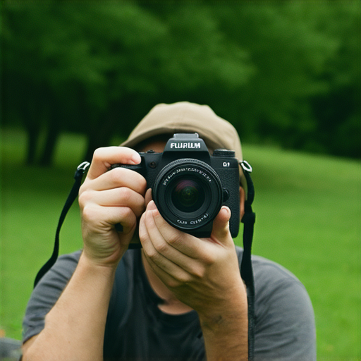 Fujifilm相機展示在戶外，攝影師專注拍攝，四周環繞著美麗的自然景色，展現探索攝影魅力的氛圍，專業服務引導入門攝影世界。