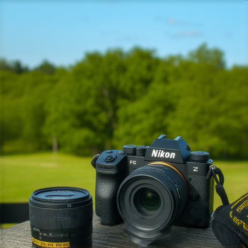 Nikon Z FC相機展示，特寫其復古設計和先進功能，旁邊擺放攝影配件，背景為戶外自然景色，完美詮釋攝影技巧的無限可能。