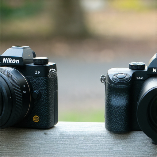 Nikon Z FC與Coolpix W300並排展示，前景為攝影作品，背景模糊，展現兩款相機的獨特設計與性能，象徵攝影新時代的魅力與創造力。