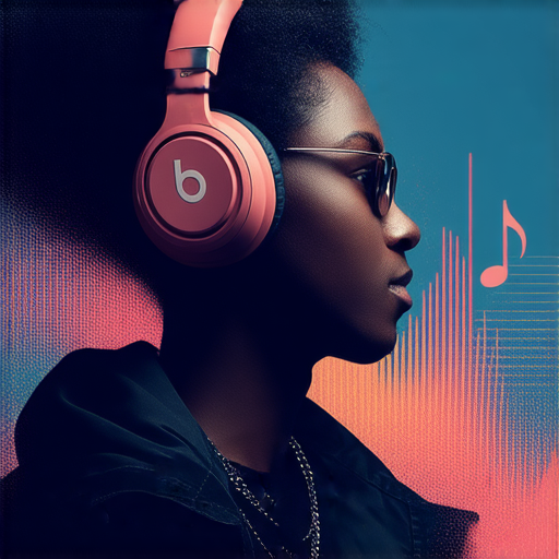 音樂發燒友使用Beats耳機的場景，展現其時尚設計和高品質音效，耳機周圍環繞著音樂元素，突顯其在音響科技中所具備的魅力與吸引力。