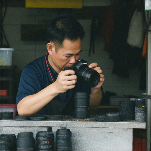 深水埗到旺角的相機維修店，專業技師正在檢查相機與鏡頭，為顧客提供專業的相機維修服務，重現鏡頭光彩，確保攝影愛好者的設備運行如新。