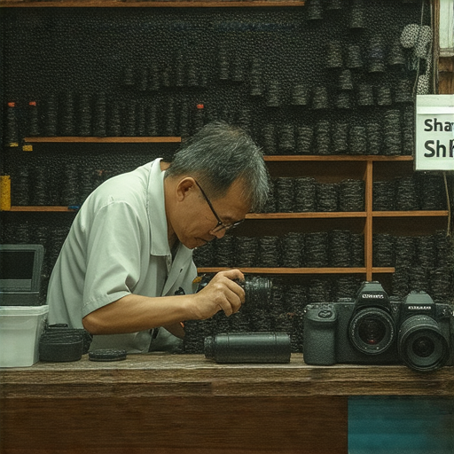 深水埗專業相機維修店內部畫面，技師專注於檢查高端相機，展示各類維修工具與設備，吸引攝影愛好者探索隱藏的維修寶地，提升相機使用壽命。