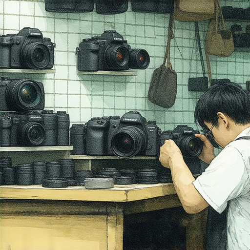 深水埗與旺角相機維修店示意圖，展示專業技術人員在檢查和維修相機，環境整潔，工具齊全，吸引攝影愛好者探索高品質服務。