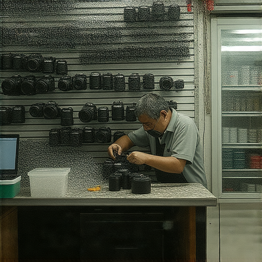 深水埗與旺角相機維修店內部環境照片，展示專業技術人員正在維修數碼相機，工具整齊擺放，為顧客的數碼寶貝提供專業服務和重生的可能。