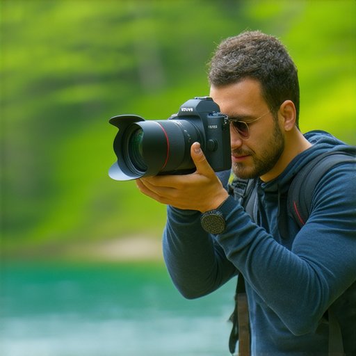 一位攝影師在戶外使用富士相機，背景展示自然風光，標題為探索2024年最佳富士相機，強調專業推薦與即棄相機用法，傳達攝影創作的樂趣與多樣性。