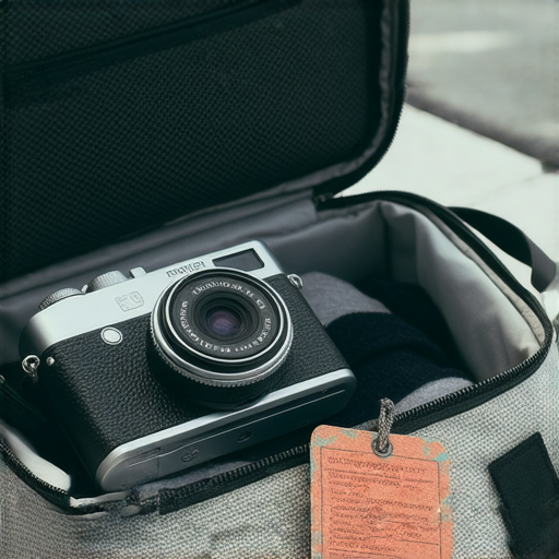 傻瓜相機放在行李中，旁邊有行李標籤，展示其托運的安全性，解釋拍攝次數及重複使用的秘密，適合旅行者了解相機托運注意事項，提升拍攝體驗。