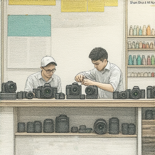 相機故障維修服務示意圖，展示深水埗及旺角專業技術人員對相機進行檢查與維修，了解維修價格與服務流程，解決攝影愛好者的困擾。