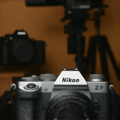 尼康Z FC相機展示，彰顯其復古設計與現代技術，吸引攝影愛好者。背景中是影像工作室的專業服務，突出其影像拍攝的多樣性與魅力。