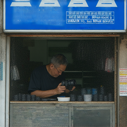 深水埗與旺角相機維修店外觀，專業技術員正在檢查相機，提供優質相機維修服務，讓攝影愛好者的心愛設備重獲新生，吸引消費者前來咨詢。