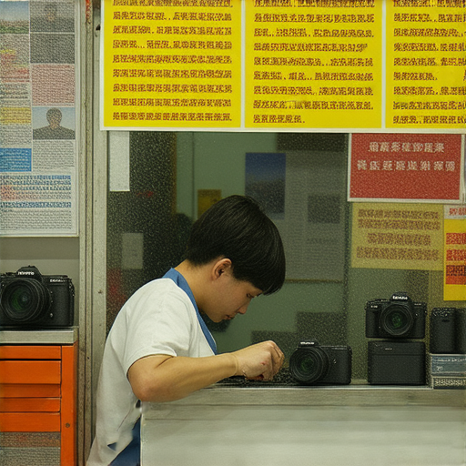 深水埗至旺角的專業相機維修服務店內景，顯示技術人員專注於修理相機，還有多種專業課程宣傳海報，邀請愛好者立即探索。