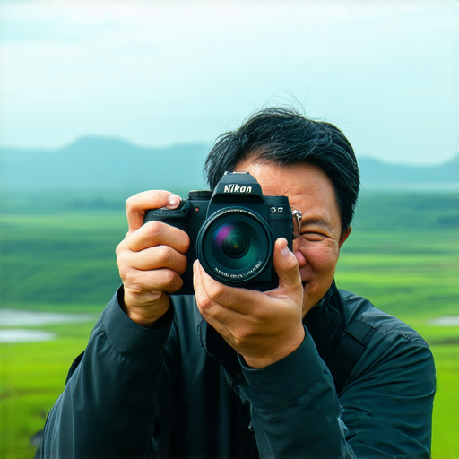 一位攝影師手持尼康Z fc相機，專注拍攝戶外風景，背景展示自然美景，展現尼康Z fc的靈活性與高清品質，探索無限攝影可能，提升攝影技術。